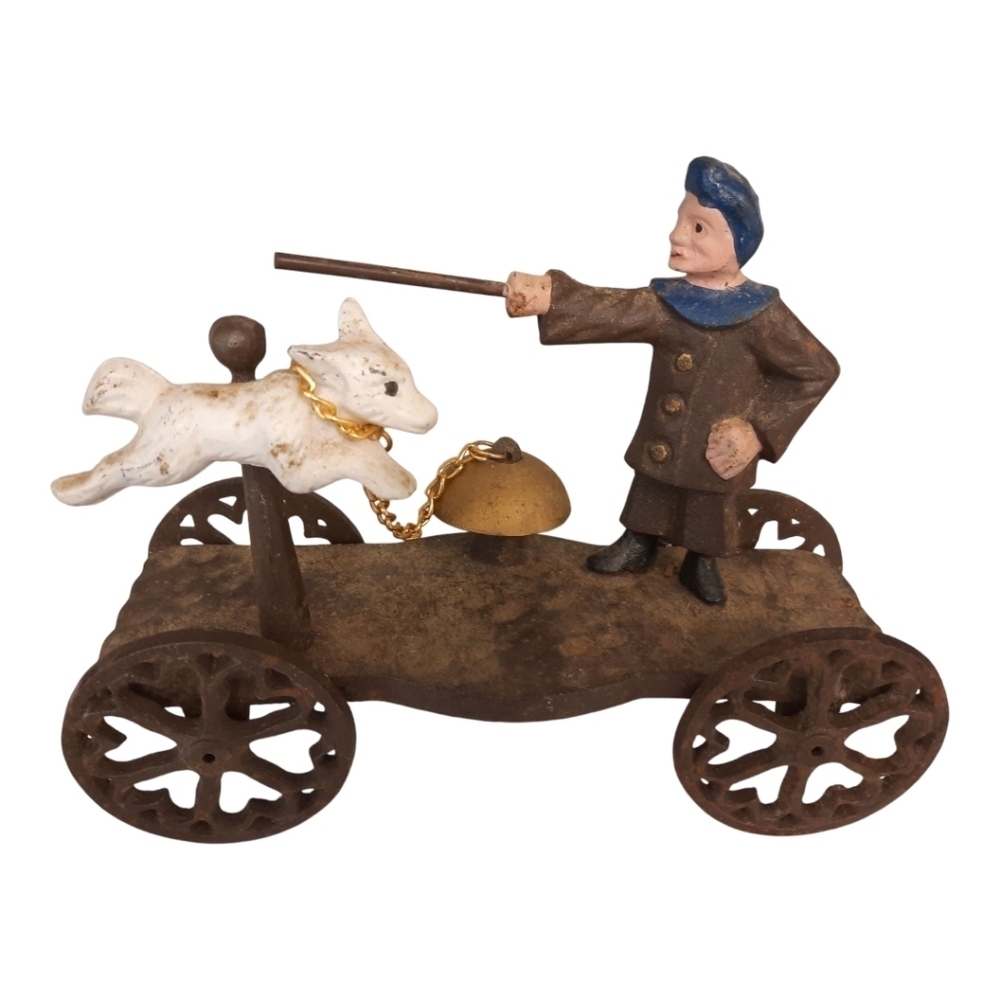 Vintage Style Cast Iron Figurine with Dog and Man On Wagon